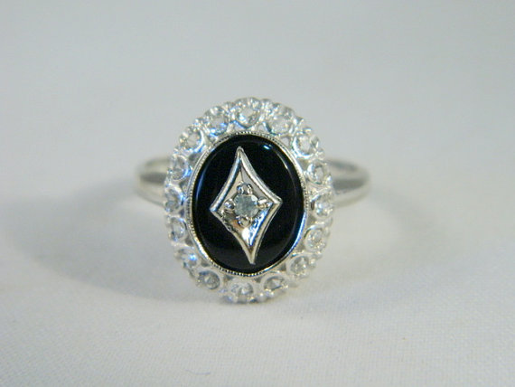 Wedding - 10k White Gold Art Deco Ring / Vintage Onyx Ring / White Topaz Ring / Art Deco Black Onyx and White Topaz Ring Size 6.25