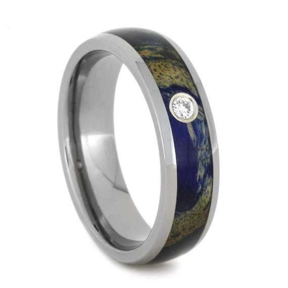 Wedding - Blue Box Elder Burl Wood Ring, 14k White Gold Bezel Set Diamond Ring, Titanium Wedding Band