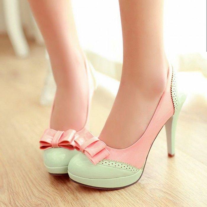 Wedding - Ladies Lolita Bow Sweet Candy Platform High Heels Leather Pumps Shoes Plus Size