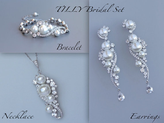 Wedding - Bridal Pearl Jewelry Set, Necklace, Earrings and Bracelet Bridal Set, Crystal & Pearl Wedding Jewelry Set, TILLY