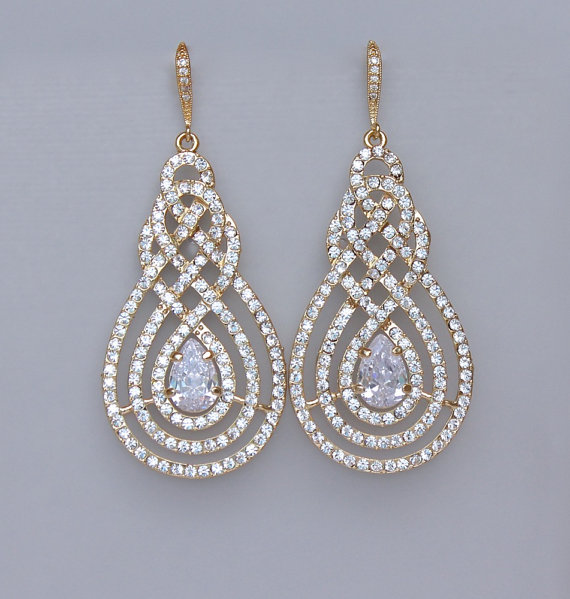 زفاف - Gold Chandelier Earrings, Gold Crystal Earrings, Crystal Pavè Earrings, Bridal Jewelry, Wedding Jewelry, GOLD PAVÈ SWIRL