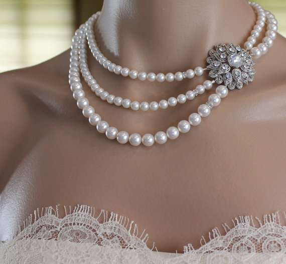 زفاف - Bridal Necklace, Multi Strand Pearl Vintage Style, Wedding Necklace, Wedding Jewelry, Bridesmaid Jewelry AIMEE
