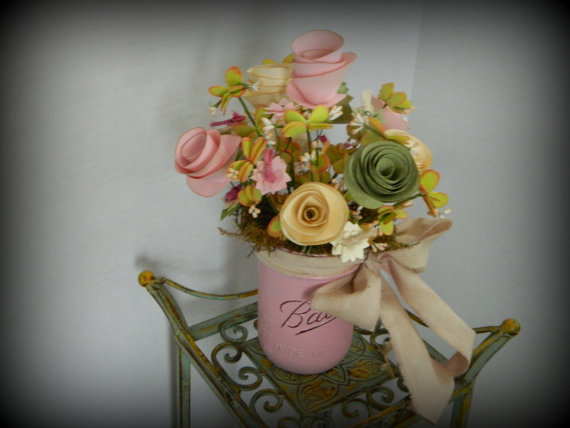Hochzeit - Mason Jar Bouquet -  Tea Stained Ribbon Bow - - Blush pink, ivory, green - Weddings, anniversaries, birthdays, parties -