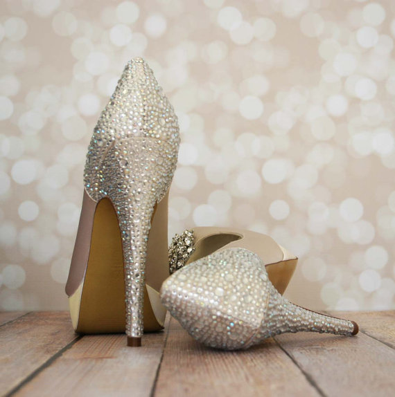 زفاف - Wedding Shoes -- Champagne Platform Peep Toe Wedding Shoes with Rhinestone Heel and Rhinestone Cluster Adornment