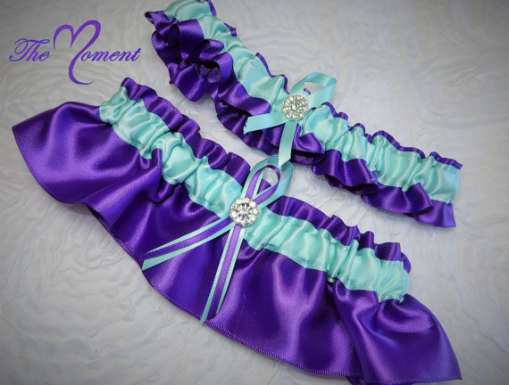 Hochzeit - Purple and Aqua Garter Set, Keepsake and Toss-away Garter Set, Ribbon Garter, Bridal Garter, Prom Garter, Purple Garter, Aqua Garter