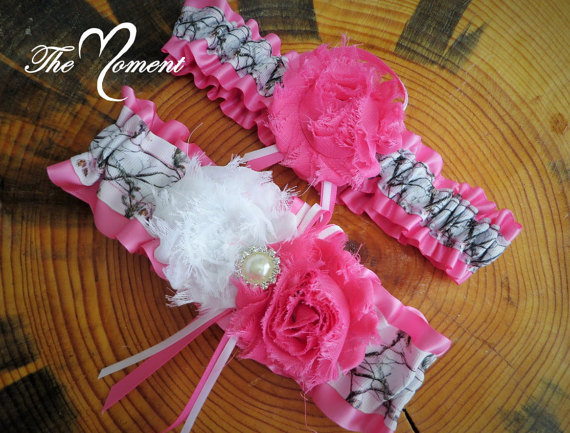 Mariage - White Camo Garter with  Pink, Camo Wedding Garter Set, Pink Garter, Handmade Garter Set, Camo Wedding, Bridal Garter, Wedding Garter