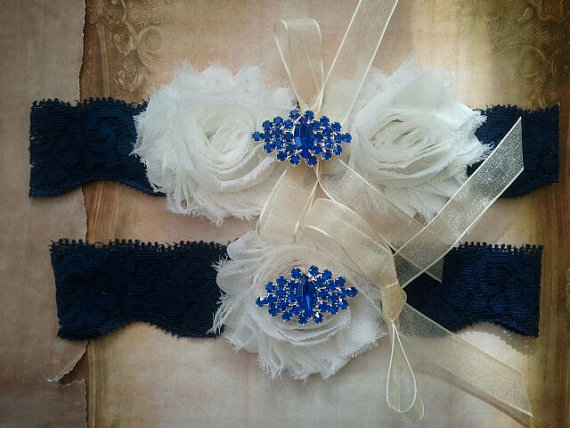 Свадьба - Wedding Garter and Toss Garter Set - Ivory Flowers on a Stretch Navy Lace with Royal Blue Rhinestones & Ivory Bows -Style 3078