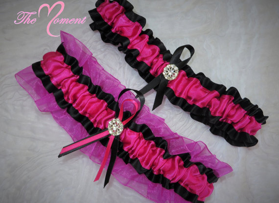 زفاف - Hot Pink and Black Garter, Wedding Garter, Bridal Garter, Keepsake Garter, Prom Garter, Costume Garter, Garter, Hot Pink Garter