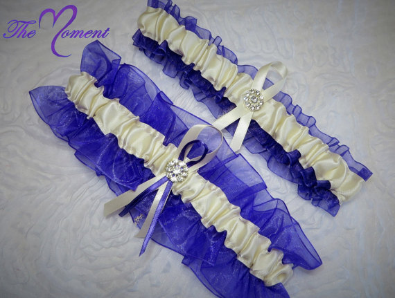 Hochzeit - Purple and Ivory Garter Set, Wedding Garter, Bridal Garter, Keepsake Garter, Prom Garter, Costume Garter, Purple Garter, Ivory Garter