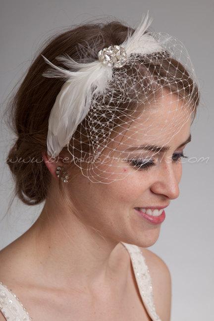 Hochzeit - Bridal Birdcage Headband, Mini Veil with Feather Rhinestone Head Piece, Wedding Headband, Feather Fascinator - Sydney