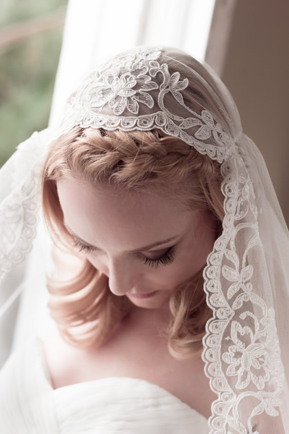 زفاف - Wedding Veil Alencon Lace Juliet Cap, English Net and Full Floral Lace Bridal Cap, Fingertip, Waltz, Chapel, Cathedral, Style: Bryony #1432