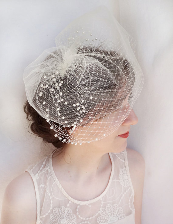 زفاف - tulle birdcage veil with pearls, Russian veiling, white ivory birdcage, bridal headpiece -SCARLETT- wedding hair accessories, bird cage veil