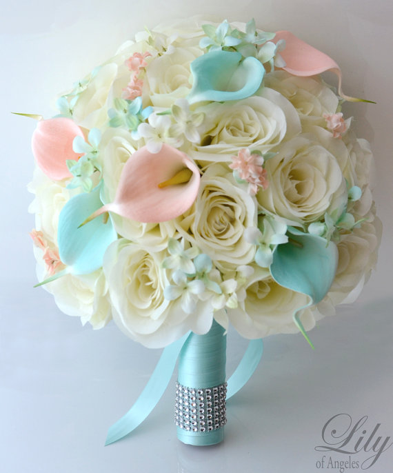 Mariage - Bridal Bouquet Silk Flower 17 Piece Package Wedding Bride Maid Honor Bridesmaid Boutonniere Corsage Robin's Egg Blue PEACH "Lily of Angeles"