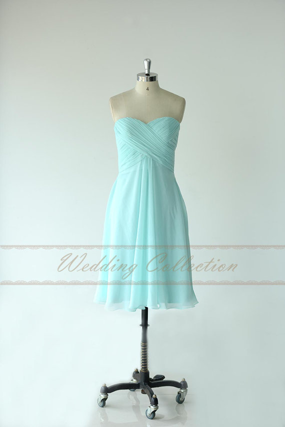 Hochzeit - Light Mint Bridesmaid Dress Chiffon Knee Length Gown Sweetheart Neckline