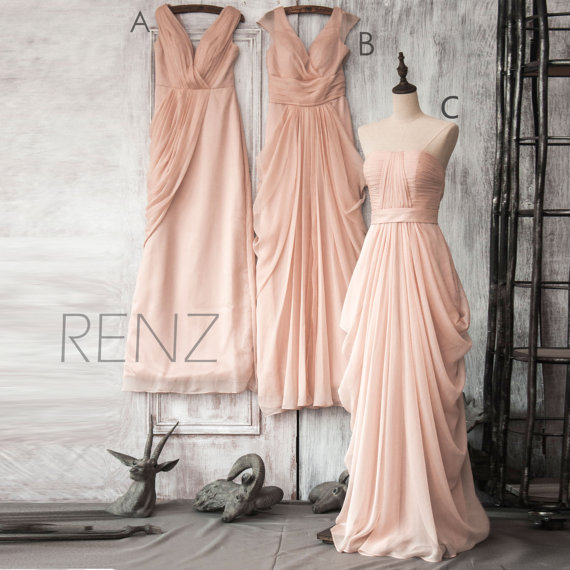 زفاف - 2015 Peach Chiffon Bridesmaid Dress,Peach Floor Length Wedding Dress,Deep V Prom Dress,Mix And Match Elegant Dress(F105 - F107)-Renz