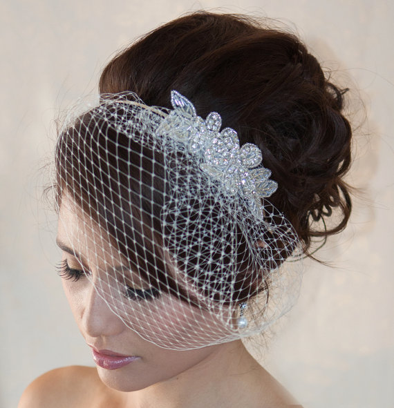 زفاف - Wedding Birdcage Veil  with Crystal rhinestone applique VI04
