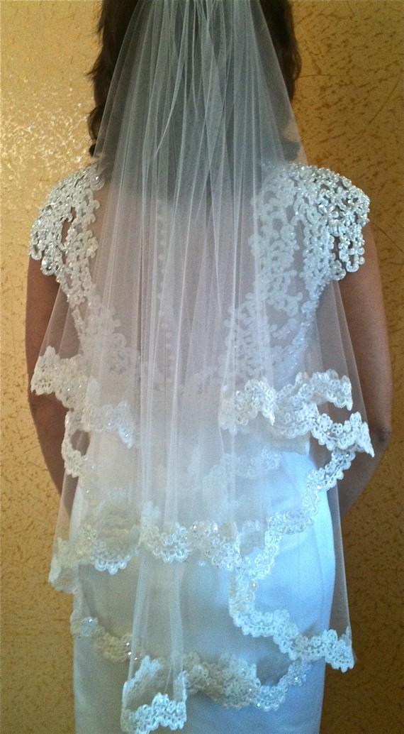 Wedding - Two layers bridal lace veil with beaded scalloped lace edge fingertip length, two tier wedding lace veil with blusher in fingertip