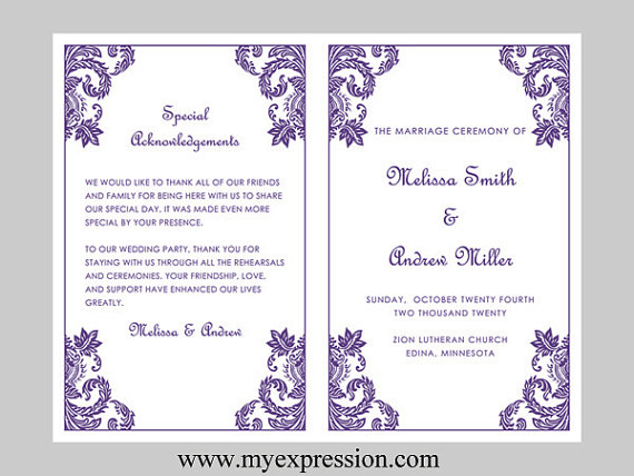 Свадьба - Wedding Program Template – Purple Damask Ornament- Instant Download - Editable MS Word File