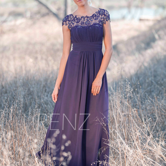 Mariage - 2015 Purple Bridesmaid dress, Lace Illusion Wedding dress, Long Chiffon Party dress, Maxi dress, Sweetheart Prom dress Floor length (T136)