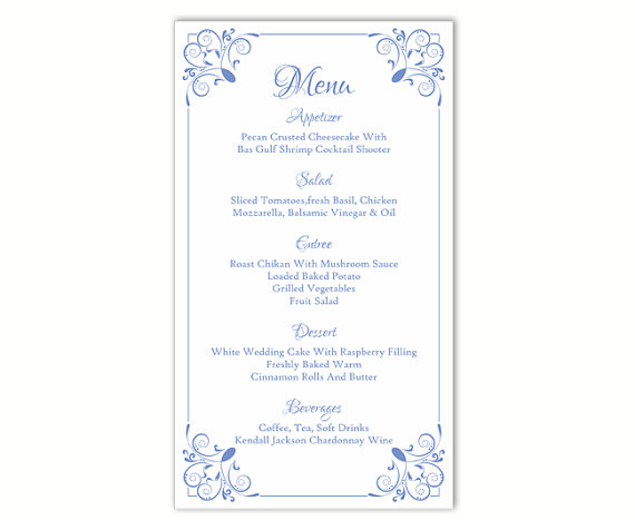Mariage - Wedding Menu Template DIY Menu Card Template Editable Text Word File Instant Download Blue Menu Floral Menu Template Printable Menu 4x7inch