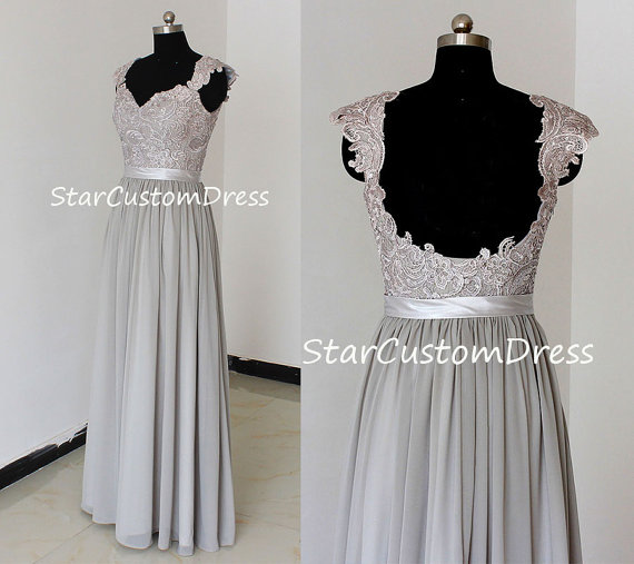 زفاف - Grey long lace bridesmaid dress a-line with cap sleeves, chiffon bridesmaid dress,Silver lace prom dress,lace open back formal dress