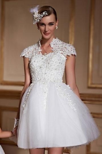 Mariage - Chic Short Sleeves High Neck Lace Up Short Wedding Dress- AU$ 456.58 - DressesMallAU.com