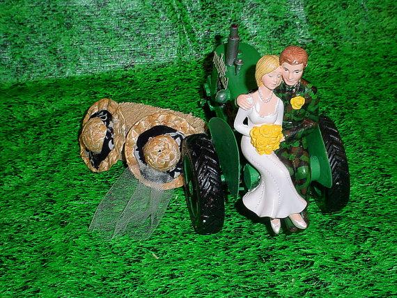 Wedding - Camo Groom Bride on Green Tractor Farm County Outdoor Rustic Country Chic Custom Wedding Cake Topper - Personalized Green Style3A2