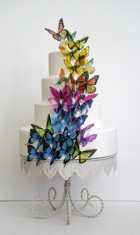 زفاف - 12 x Mixed Rainbow Stick on Butterflies, Wedding Cake Toppers, 3D Wall Art, Scrapbooking, UNGLITTERED