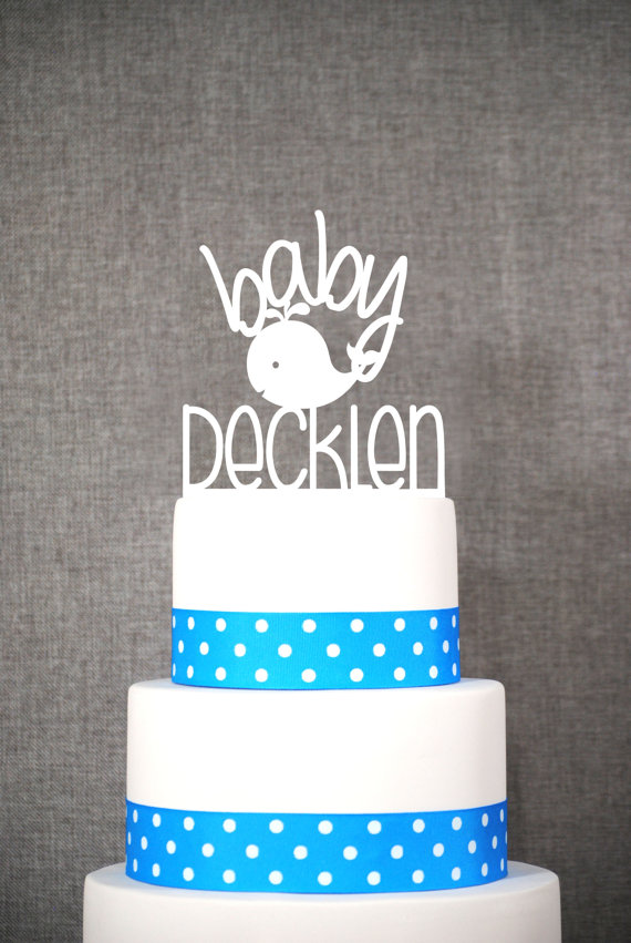 Hochzeit - Custom Baby Name Topper with Whale - Baby Cake Topper by Chicago Factory- (S098)