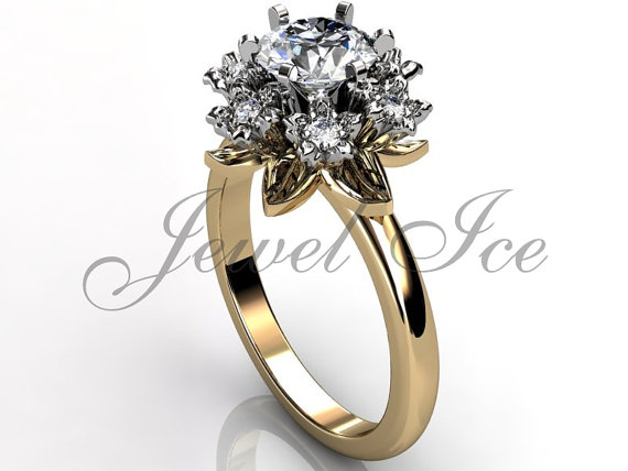 Hochzeit - 14k two tone yellow and white gold diamond unusual unique flower bouquet engagement ring, wedding ring, anniversary ring ER-1107-7