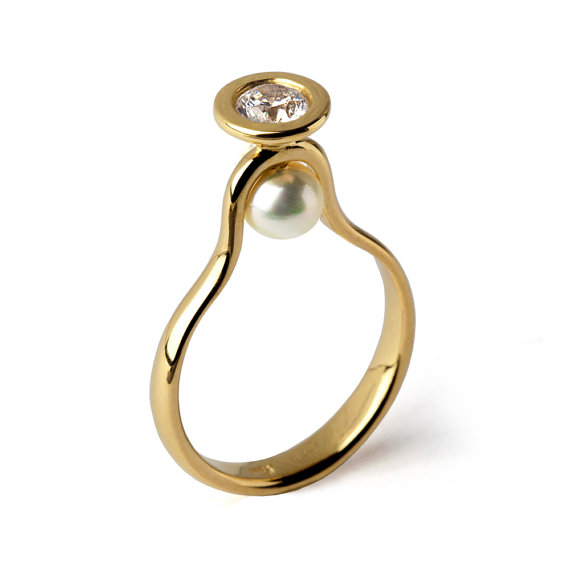 Wedding - VENUS Half Carat Diamond Engagement Ring Yellow Gold, Pearl Engagement Ring, Unique Engagement Ring, Gold Diamond Pearl Ring