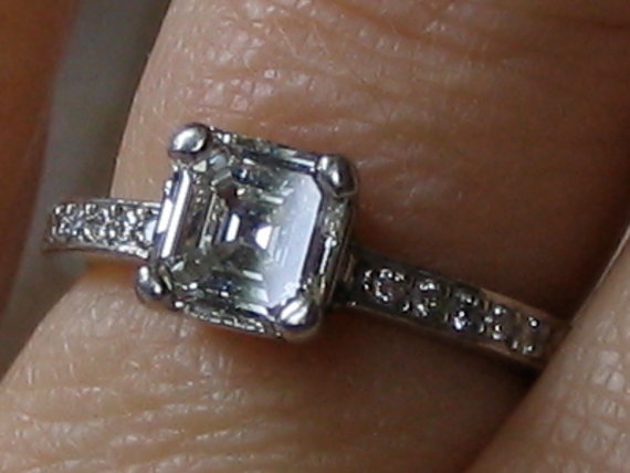 Hochzeit - Asscher Cut Square Diamond Engagement Ring 1 ct Solitaire Platinum Art Deco 20s Style VS1 H Color Pave Accent Antique Look Vintage Wedding