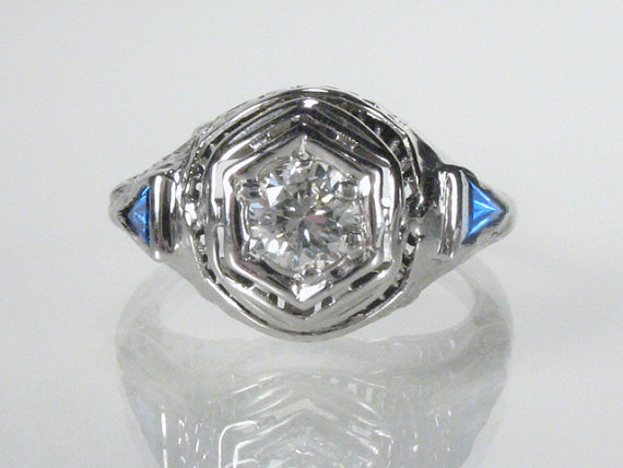 Wedding - Antique Diamond Filigree Ring With Synthetic Sapphire Accents- Engagement Ring