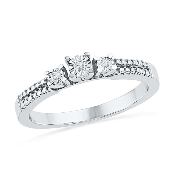 Wedding - Three Stone Diamond Ring with Accents, Sterling Silver or White Gold Engagement Ring