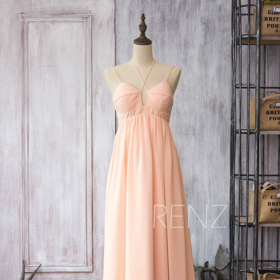 زفاف - 2015 Blush Chiffon Bridesmaid dress, Peach Wedding dress, Spaghetti Straps Party dress, Formal dress, Floor-length dress (F086)