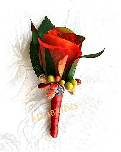 Mariage - Fall weddings groom or groomsmen boutonniere, persimmon and burnt orange rose bud boutonniere