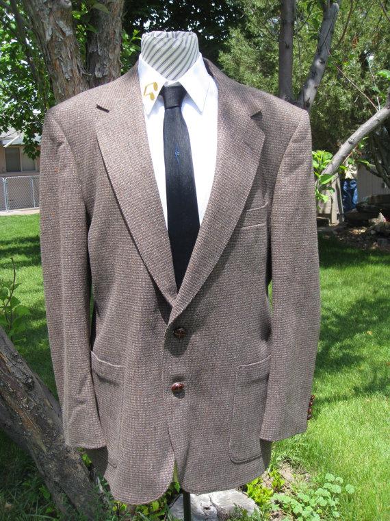 زفاف - 70's Vintage Polyester/Wool/Linen Men's Brown Tweed Lined Sport Coat/ Blazer Size 42