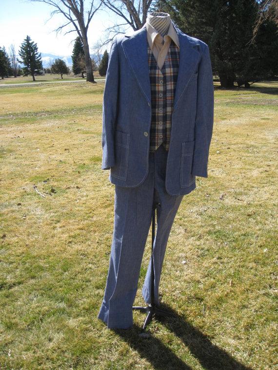 زفاف - 1970's Men's 3 Piece Chambray Hipster/ Retro Suit With Reversable Mod Plaid  Vest/ Bell Bottoms/ Size Small By Lee-Wald
