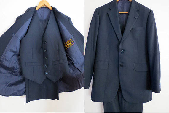 Wedding - Vintage Men's 80s 3 Piece Navy Dark Blue Suit and FREE Vintage Pure Silk Tie