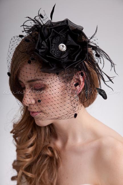 زفاف - Bridal Birdcage Veil Black Chenille Dot Wedge with Black Silk Flower, Fly-Away Netting and Rivoli Crystal Rhinestone Center