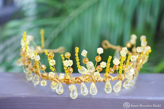 زفاف - One of a Kind Exotic Wedding Crown, Oriental Dangeling Gold Glass Beads Wreath, Gold Beads Glass Beads Crown