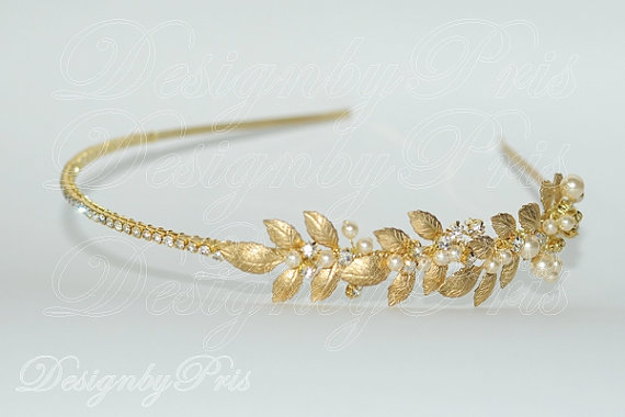 Wedding - SALE  Handmade Bridal Accessories Wedding Hair Accessories Bridal Gold Leaves Swarovski Pearls and Rhinestone Headband -Ready to SHIP