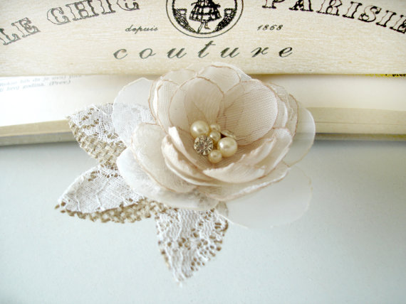 Hochzeit - On Sale Burlap Lace Wedding Hair  Flower, Ivory Champagne Bridal Fascinator Hair Clip, Rustic  Wedding Flower Clip  Pearl Crystal