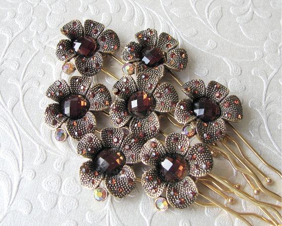 Mariage - Cognac Wedding Bridesmaid Hairpins Root Beer Brown Rhinestone Hair Comb Amber Hairpiece Aurora Borealis Bohemian Chic Boho Accessories Gold