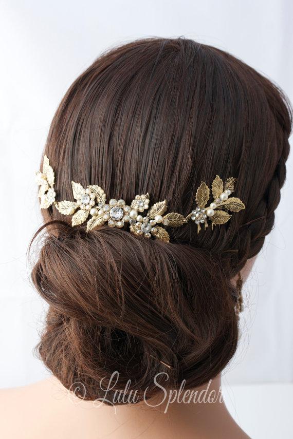 Hochzeit - Antique Gold Wedding Headpiece Leaf Head Piece Bridal Hair Comb Swarovski Golden Shadow Crystal Leaf Hair Vine Bridal Hair Accessory STACEY