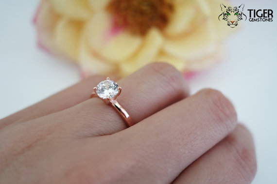 Mariage - 1 carat 6mm Solitaire Engagement Ring, Round Man Made Diamond Simulant, Wedding, Promise Ring, Bridal, Sterling Silver, Rose Gold Plated