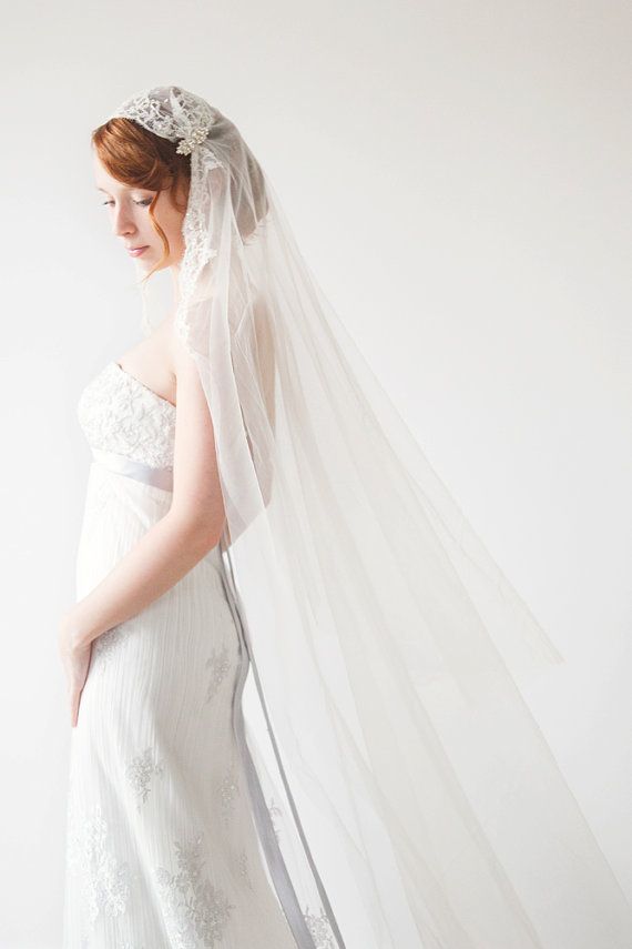 Mariage - Bridal Juliet Cap Wedding Veil With French Beaded Chantilly Lace - Touch Of Love - Made To Order