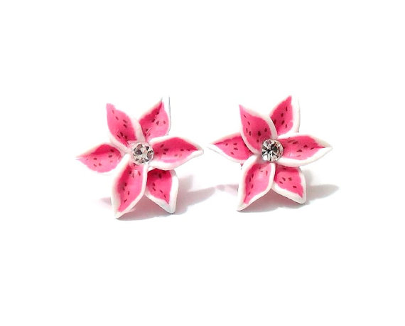 زفاف - Tiger Lily Earrings, Lily Jewelry, Small Flower Stud Earrings, Pink Lily Stud Earrings, Wedding, Bridesmaids Earrings, Pink Lily Wedding