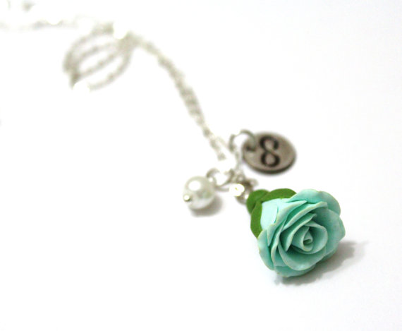 Mariage - Rosebud Infinity Necklace Mint green rose Necklace, Flower Jewelry, Infinity Necklace, Charm, Bridesmaid Necklace, Mint green Jewelry