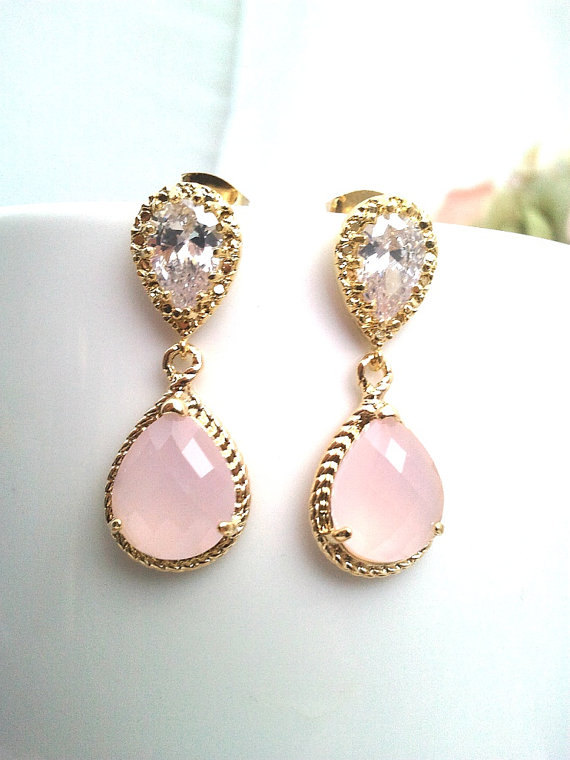 Hochzeit - Blush Pink Earrings ,Pink Opal Gold Wedding Earrings,Bridesmaid, Personalized, Drop,bridal earrings, post earrings,Holiday GIFTS